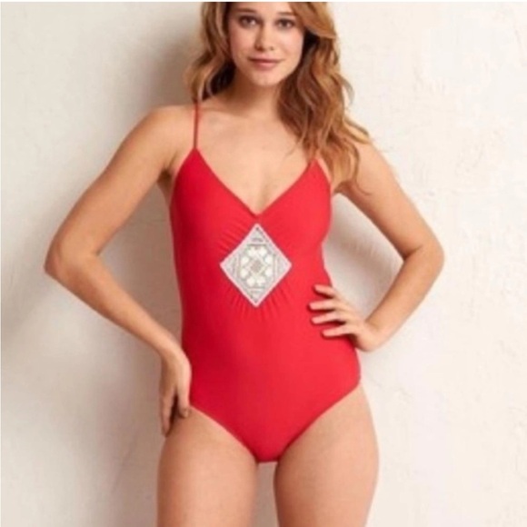 Aerie Bright Red V-Neck One Piece Bathing Suit Swimsuit Crochet Women’s Size XS - Picture 2 of 6